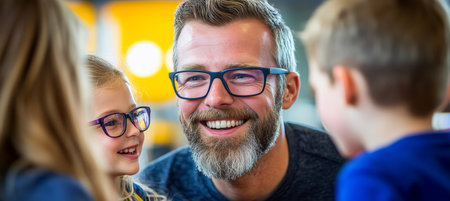 Happy Dad Wearing Eyeglasses Shares a Laugh with His Young Children, Joyful Family Momentsの素材
