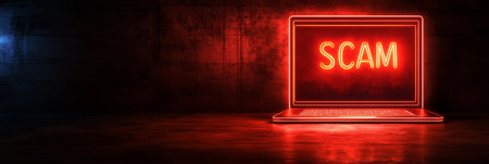 Neon Scam Warning on Laptop Screen in Dark Room, Digital Fraud, and Cybercrime Concept.の素材
