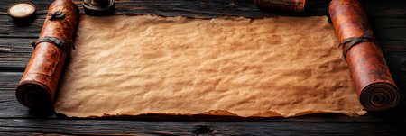 Open Antique Parchment Manuscript Scroll on Rustic Wood Table with Writing Supplies, Top Viewの素材