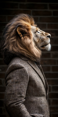 Majestic Lion in Profile, Seamlessly Blending with a Human Suit against a Dark, Textured Backdrop.の素材