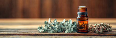 Eucalyptus Essential Oil in Amber Bottle with Fresh, Dried Eucalyptus on Rustic Wood, Aromatherapyの素材