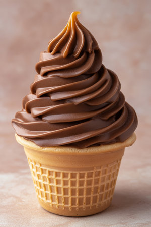 Delicious Chocolate Soft Serve Ice Cream in a Waffle Cone On a Minimalist Beige Backgroundの素材