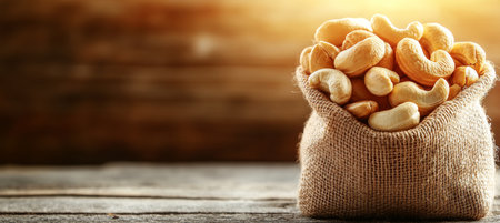 Burlap Sack Overflowing With Healthy Cashew Nuts, Rustic Table And Background With Copy Spaceの素材