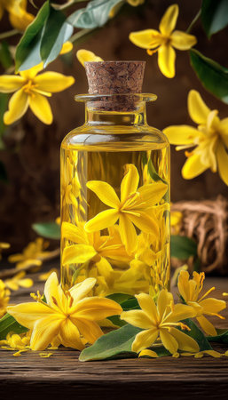 Essential Oil Bottle with Ylang Ylang Flowers on Wooden Table Aromatherapy and Spa Conceptの素材