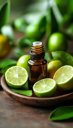 Aromatic Citrus Essence Essential Oil with Fresh Limes and Lush Leaves in Rustic Settingの素材