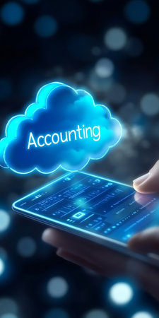 Cloud Accounting Software Accessed via Mobile Device by Businessman, with Glowing Text Overlayの素材