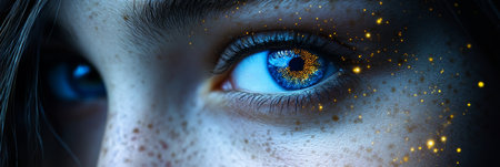 Close-up of Woman s Blue Eye with Sparkling Makeup, Highlighting Vision, Beauty, and Magic.の素材