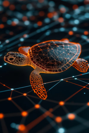 Futuristic Holographic Turtle Navigating Digital Landscape, Embodiment of Modern Techの素材