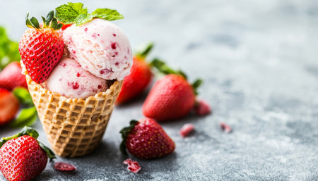 Strawberry Ice Cream Scoops in Waffle Cone with Ripe Strawberries, Refreshing Summer Treatの素材