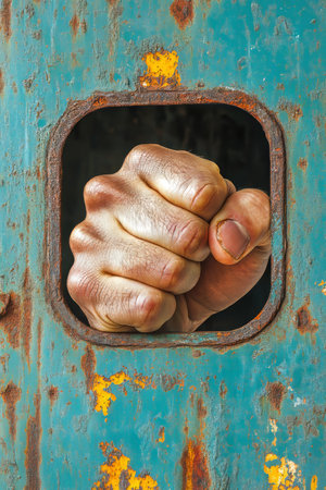 Fist Through Hole Strength, Power, and Determination with a Grungy Industrial Backgroundの素材