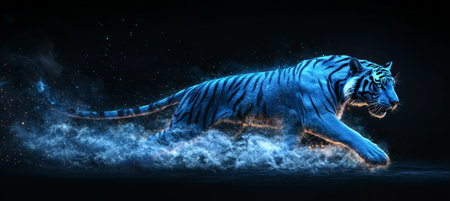 Blue Holographic Tiger in Digital Space A Futuristic Blend of Nature and Technology.の素材