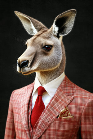 Anthropomorphic Kangaroo in Red Suit, Blending Animal and Human Traits on Dark Backgroundの素材