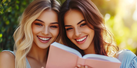 Two Young Women Share a Book Outdoors, Enjoying Literature and Friendship on a Sunny Dayの素材