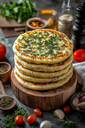 Stack of Golden Crispy Potato Pancakes With Fresh Herbs and Garlic, Delicious Breakfast Conceptの素材