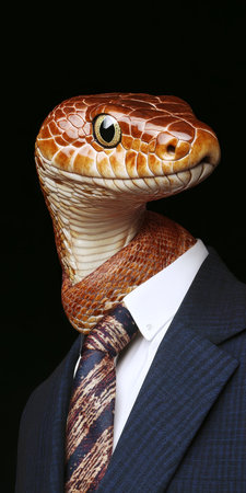 Anthropomorphic Snake in Formal Attire on a Dark Background, Blending Animal and Humanの素材