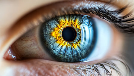 Close-up of Human Eye with Vibrant Blue Iris and Yellow Accents, Biometric Scan Conceptの素材