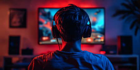 Gamer In The Zone Intense Concentration During A Nighttime Single-Player Gaming Sessionの素材