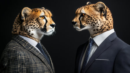 Cheetah Businessmen Portraits, Anthropomorphic Animals in Suits on a Black Backgroundの素材