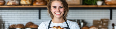 Baker,Smile,Bread. Woman Working In Bakery Shop. Small Business, Food, Lifestyle Conceptの素材