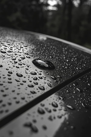 Closeup, Nano coating water drop on car paint surface. Water-repellent effect, hydrophobic coating.の素材