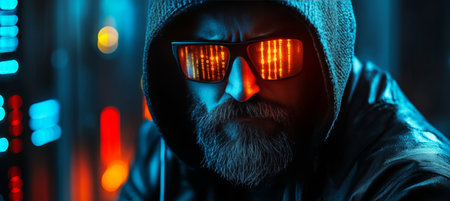 Cybersecurity Specialist in Hoodie and Futuristic Glasses in Dark Server Room , Neon Lightsの素材