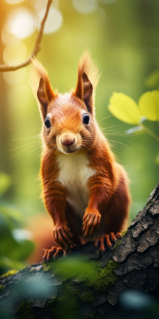 Curious Eastern Gray Squirrel, perched on branch, alert adorable with soft green backgroundの素材