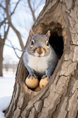 Curious Grey Squirrel Peeking From Tree Hollow, Holding Nuts, Winter Wonderland Sceneの素材
