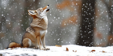 Magnificent Coyote Howling amidst Gently Falling Snow in Winter Woodland, Majesty in the wild.の素材