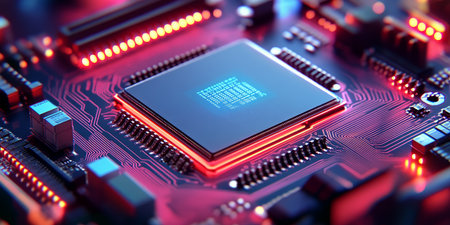 Close-up of Modern AI Chip On Motherboard, Futuristic Technology, Artificial Intelligence Computingの素材