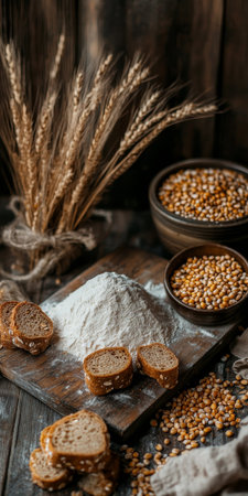 Rustic Baking Flour, Grains, and Bread. Artistic Food Photography with Wheat and Bakery Ingredientsの素材