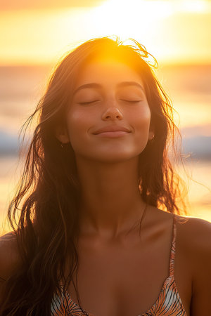 Golden Hour Beauty Serene Young Woman with Eyes Closed, Peaceful Sunset Portrait on the Beachの素材