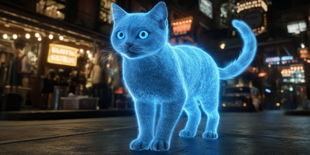 Futuristic Holographic Blue Cat in Digital Cityscape, High Technology and Innovation Concept.の素材