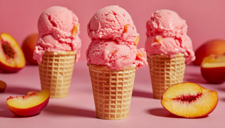 Peach Ice Cream Scoops in Waffle Cones on Pink Background, Summertime Treats and Sweet Delightsの素材