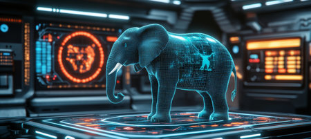 Holographic Projection Of An Elephant In A Futuristic Digital Environment, Technology Conceptの素材