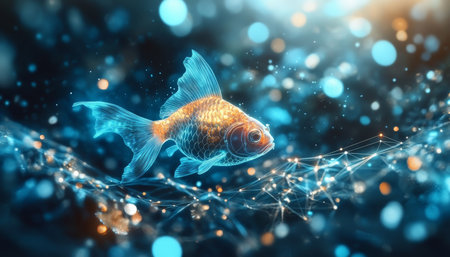 Holographic Goldfish Swimming in Digital Space, Illustrating Modern Technology and Futuristic Designの素材