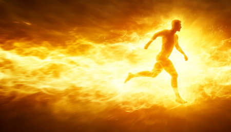 Inner Fire, Energy Flow Male Body Surrounded By Flames, Embracing Vitality and Power 3D Render.の素材