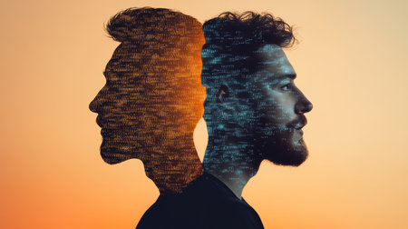 Double Exposure Portrait, Man With Half Face as Digital Binary Data, Artificial Intelligence Conceptの素材