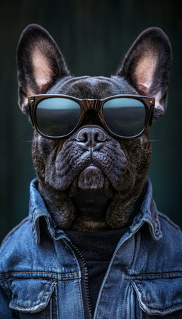 Stylish Black French Bulldog in A Denim Jacket And Mirrored Sunglasses, On Dark Moody Backgroundの素材