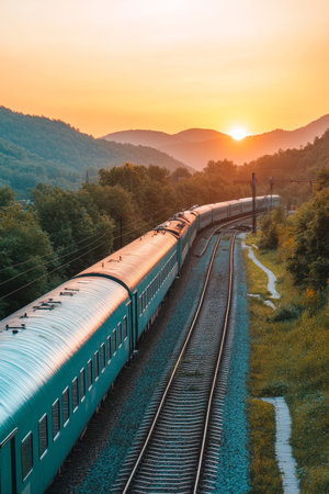 Passenger Train Journey Through Picturesque Mountain Valley Landscape at Golden Hour Sunsetの素材
