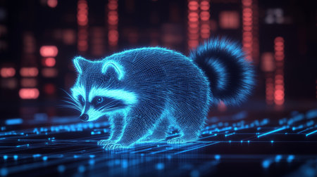 Blue Holographic Raccoon Navigating Digital Landscape, Exploring Cybersecurity and AI Advancements.の素材
