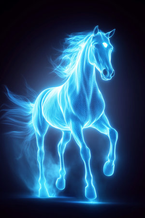 Glowing Blue Spectral Horse on a Black Background Representing Mythology and Fantasyの素材