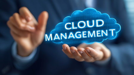 IT Businessman Holding a Digital Cloud with Glowing Text CLOUD MANAGEMENT Overlay in Palm of Handの素材