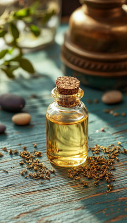 Glass Bottle of Patchouli Essential Oil with Dried Patchouli Leaves on Rustic Wooden Tableの素材