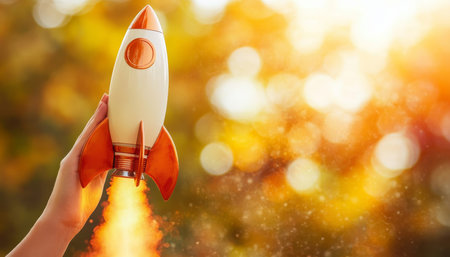 Woman s Hand Launching Toy Rocket Into Golden Sky, Concept for Startups and New Beginningsの素材