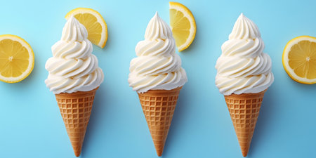 Three Refreshing Lemon Soft-Serve Ice Cream Cones on a Sky Blue Background with Fresh Lemon Slicesの素材