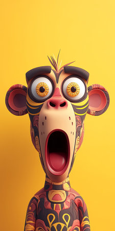 Surprised Golden Monkey with Open Mouth, Big Eyes, and Abstract Tribal Paint on Yellow Backgroundの素材