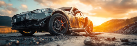 Wrecked Car Abandoned on Road, Golden Hour Sunset, Car Crash Aftermath, Totaled Vehicleの素材