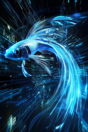 Futuristic Holographic Blue Goldfish in Digital Space, Modern Technology Illustrationの素材