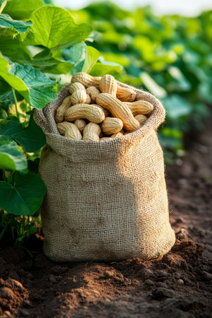 Sack of Freshly Harvested Peanuts in Field. Harvesting Time, Agriculture Concept, Copy Space.の素材