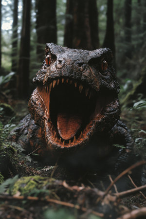Ferocious Dinosaur Roaring in a Lush Prehistoric Jungle Setting, Highly Detailed 3D Renderの素材